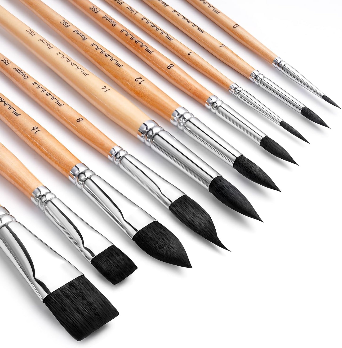 Watercolor Brush Set, Fuumuui 10pcs Professional Synthetic Squirrel Paint Brushes for Artists - Flat, Round Pointed, Dagger, Cats Tongue Oval Wash
