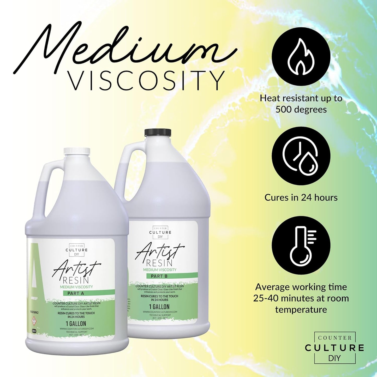 Counter Culture DIY Clear Artist Resin, Medium Viscosity, 2 Gallon Kit, Art Epoxy Supplies for Metallic Stains Acrylic 100% Solids Easy Coat No VOCs Scratch UV Heat Resistant to 500 Degrees
