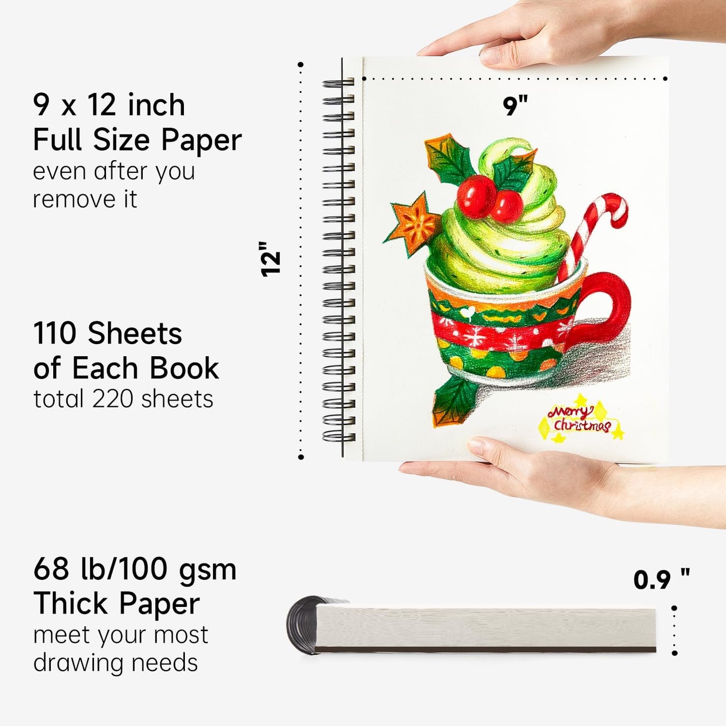 Shuttle Art 9x12” Sketchbook, 220 Sheets Total, Pack of 2(110 Sheets Each), 68lb/100gsm Thick Paper, Spiral Bound Mixedmedia Sketch Pad, Acid-free Drawing Pad for Kids Adults Artists Sketching Drawing