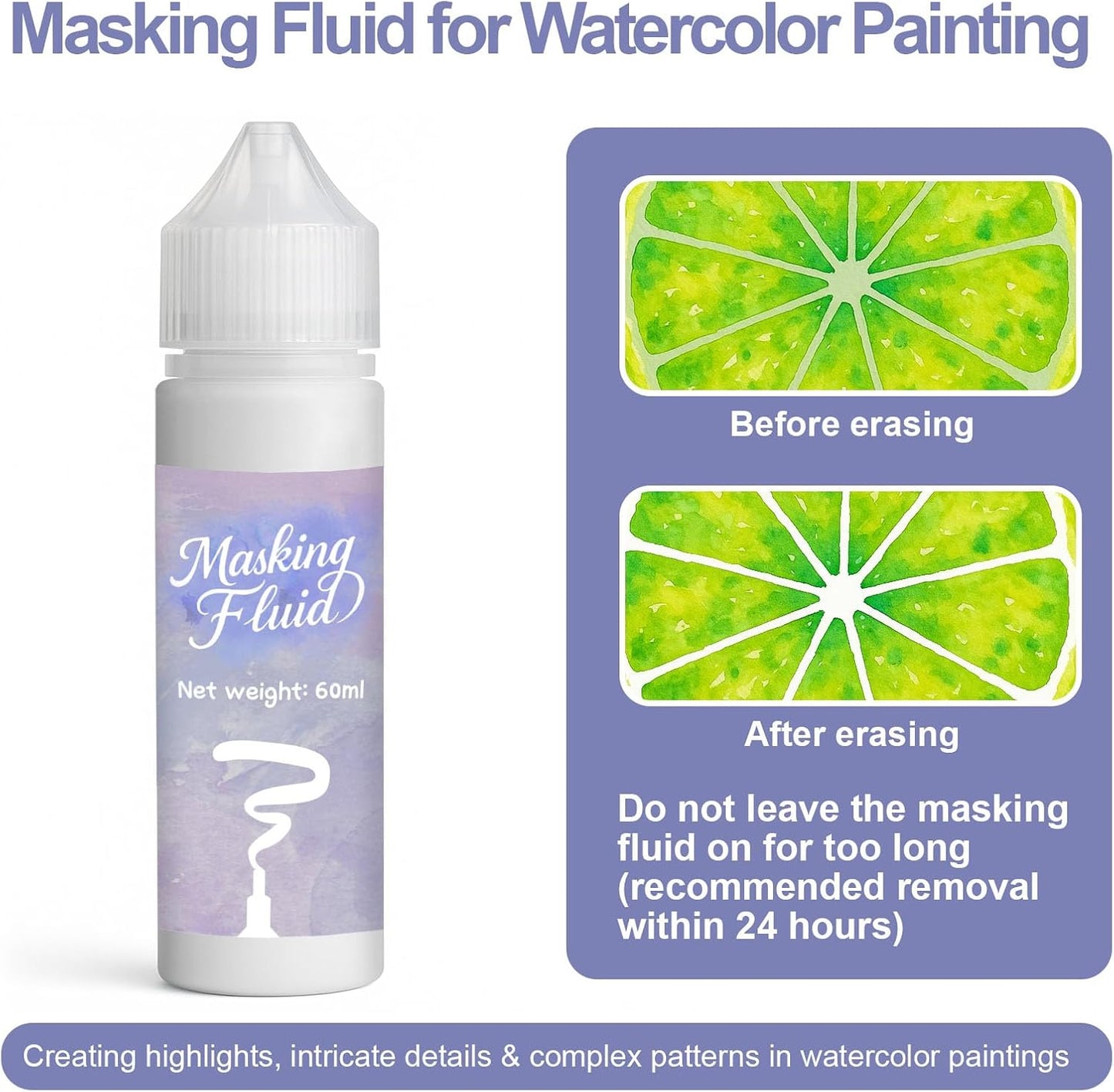 1DFAUL 60ml Masking Fluid for Watercolor Painting, Art Watercolor Masking Fluid Precise White Space, Easy Peel-Off, Water Based Latex, for Artists, Beginners, DIY Canvas Protection (White)