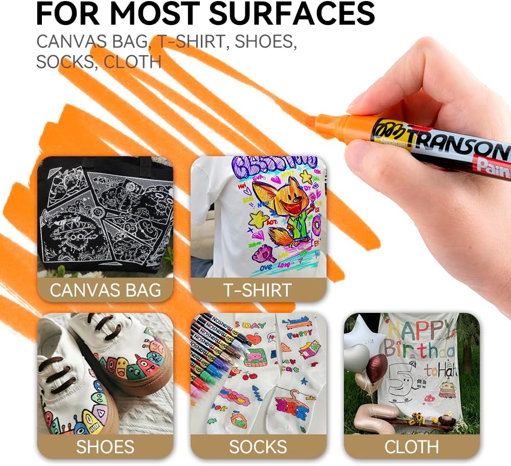 TRANSON 12 Colors Permanent Paint Markers for Fabric Rock Craft Diy Painting Medium Tip Oil Based Waterproof