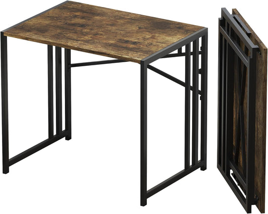 32 inch Small Folding Computer Desk, Writing Gaming Computer Desk for Small Spaces, No Assembly Required Home Office Desk, Rustic Brown