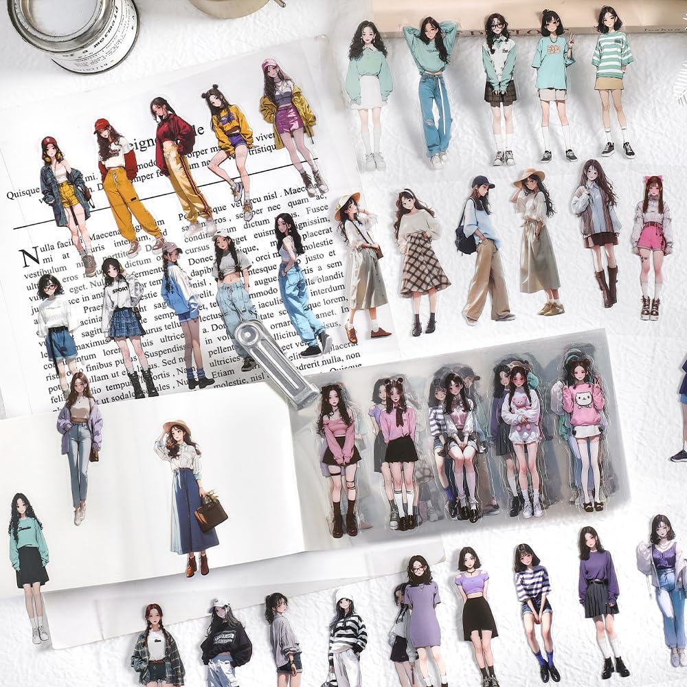 4Pcs PET Girl Sticker Books, Pre-Cut Fashion Designs for Scrapbooking, DIY Crafts, Waterproof Journaling Supplies, Junk Journal Ephemera, Includes Organizer