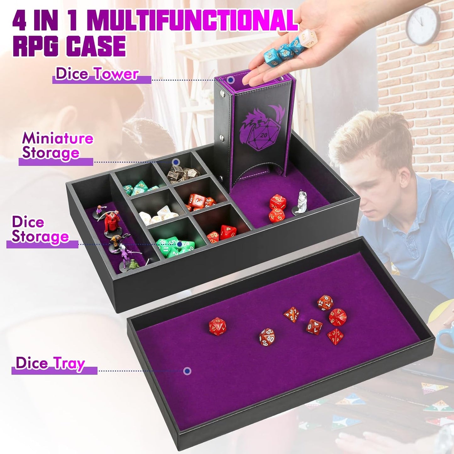 DND Dice Tray & Tower Storage Box, 4 in 1 D&D Dice Holder Case (Dice Rolling Tray, Dice Roller Tower, Dice & Miniature Storage), Great RPG Accessories Gifts for Dungeons and Dragons MTG DM & Player