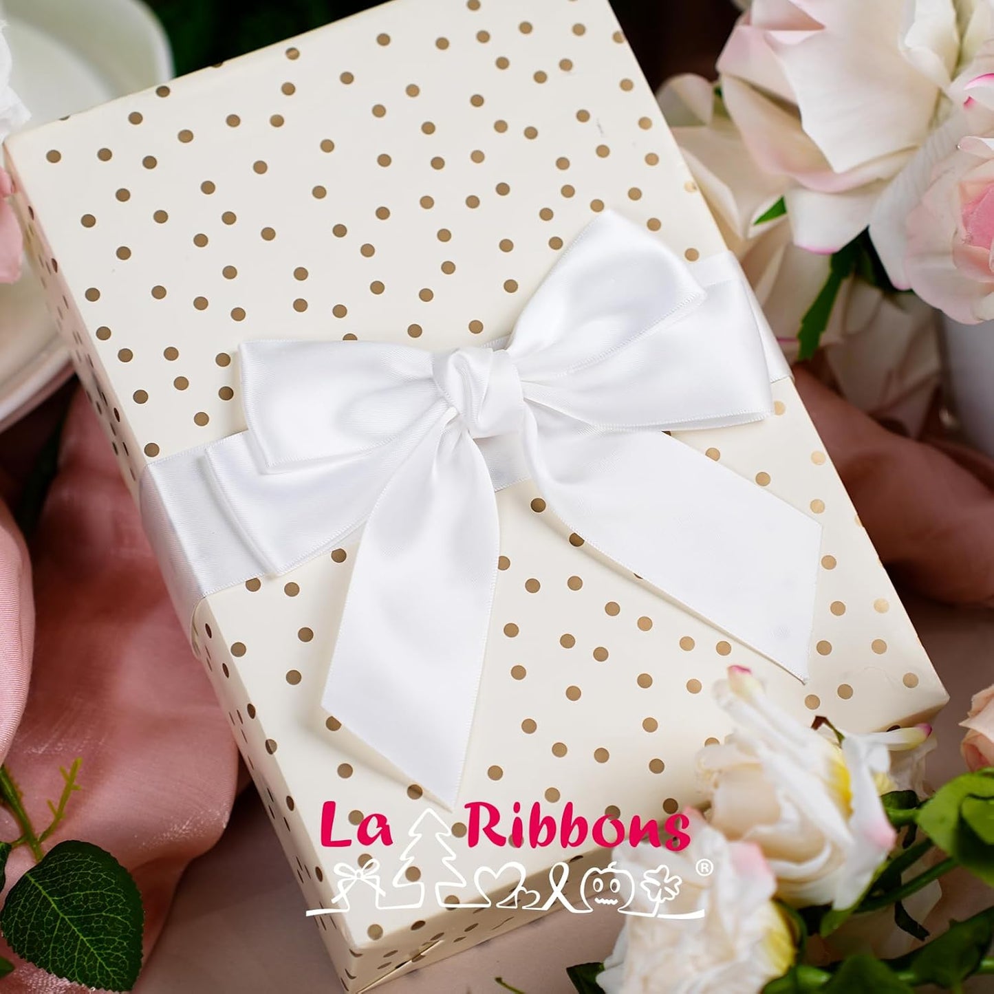 LaRibbons 1 1/2 Inch 50 Yard Double Faced Satin Ribbon,White Satin Craft Fabric Ribbon for Gift Wrapping Floral Bouquets Wedding Party Decoration