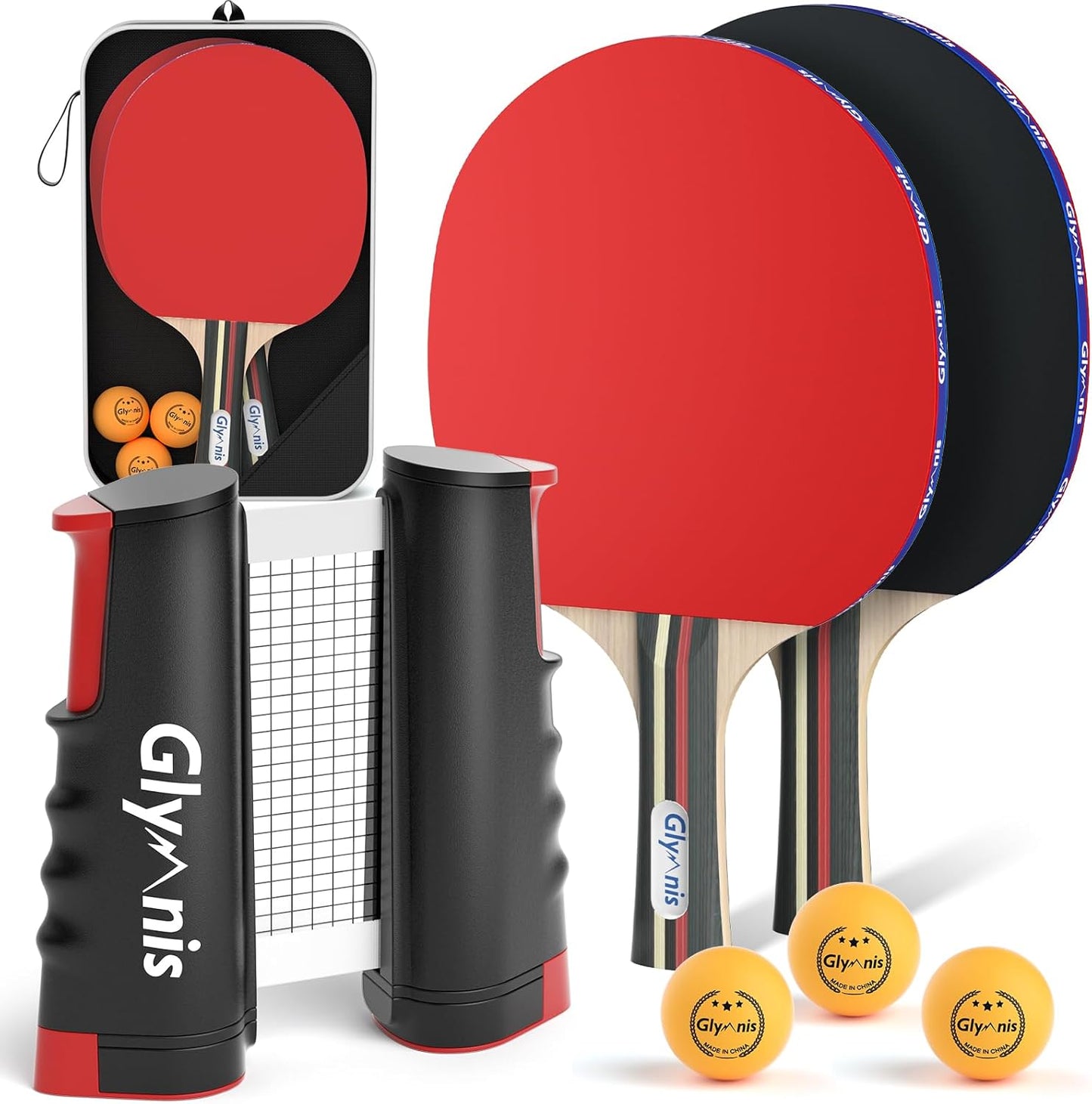 Glymnis Ping Pong Paddles Set Table Tennis Rackets with Balls, Storage Case for Indoor Outdoor Table Tennis Paddle Game Accessories