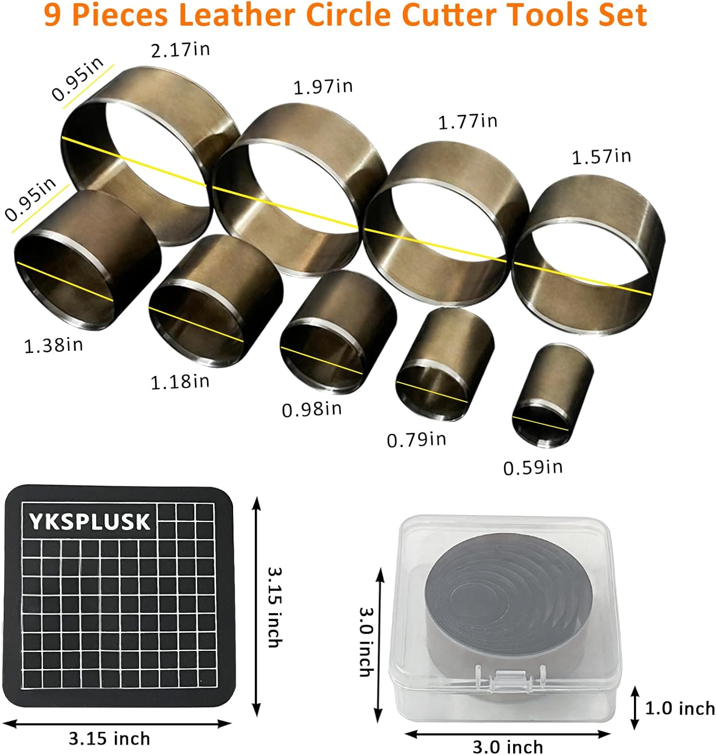 Leather Circle Cutter Tool Set, 9 Pieces Circle Punch Tools 15 20 25 30 35 40 45 50 55mm, High Carbon Steel Round Leather Cutting Dies - Leather Hole Punch Tool Kit for DIY Leather Crafts