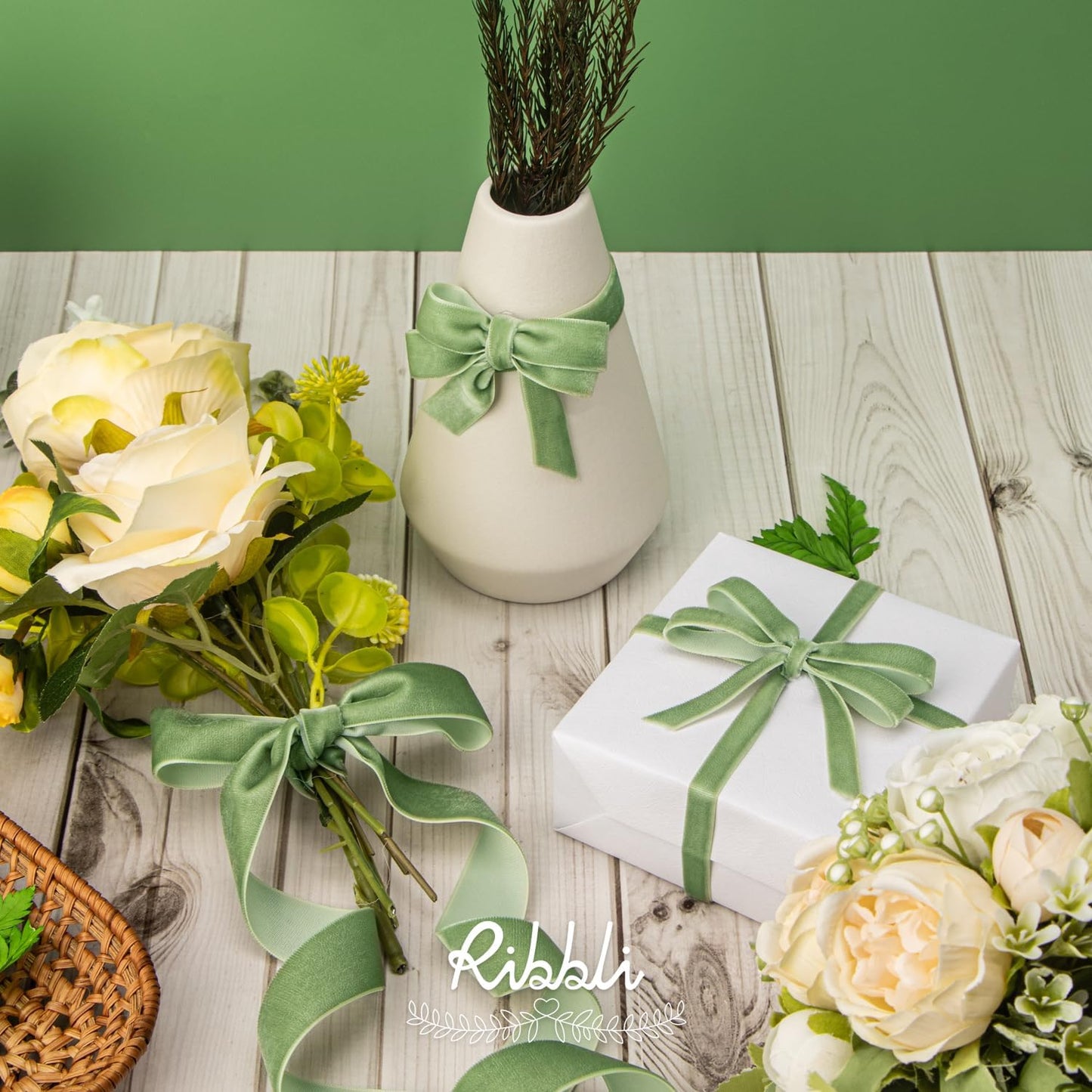 Ribbli Sage Green Velvet Ribbon 5/8 Inches Continuous10 Yard Spool Spring Moss Christmas Ribbon for Gift Wrapping Crafts Home Decor