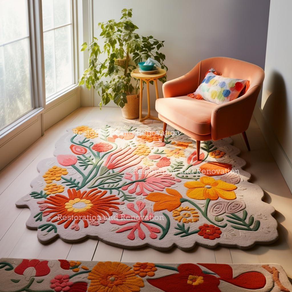 Handmade Wool Floral Area Rug for Living Room | Elegant Flower Garden Design, Soft, Thick and Durable | Bedroom, Dining Room & Home Decor Carpet (3' x 5', Floral C)