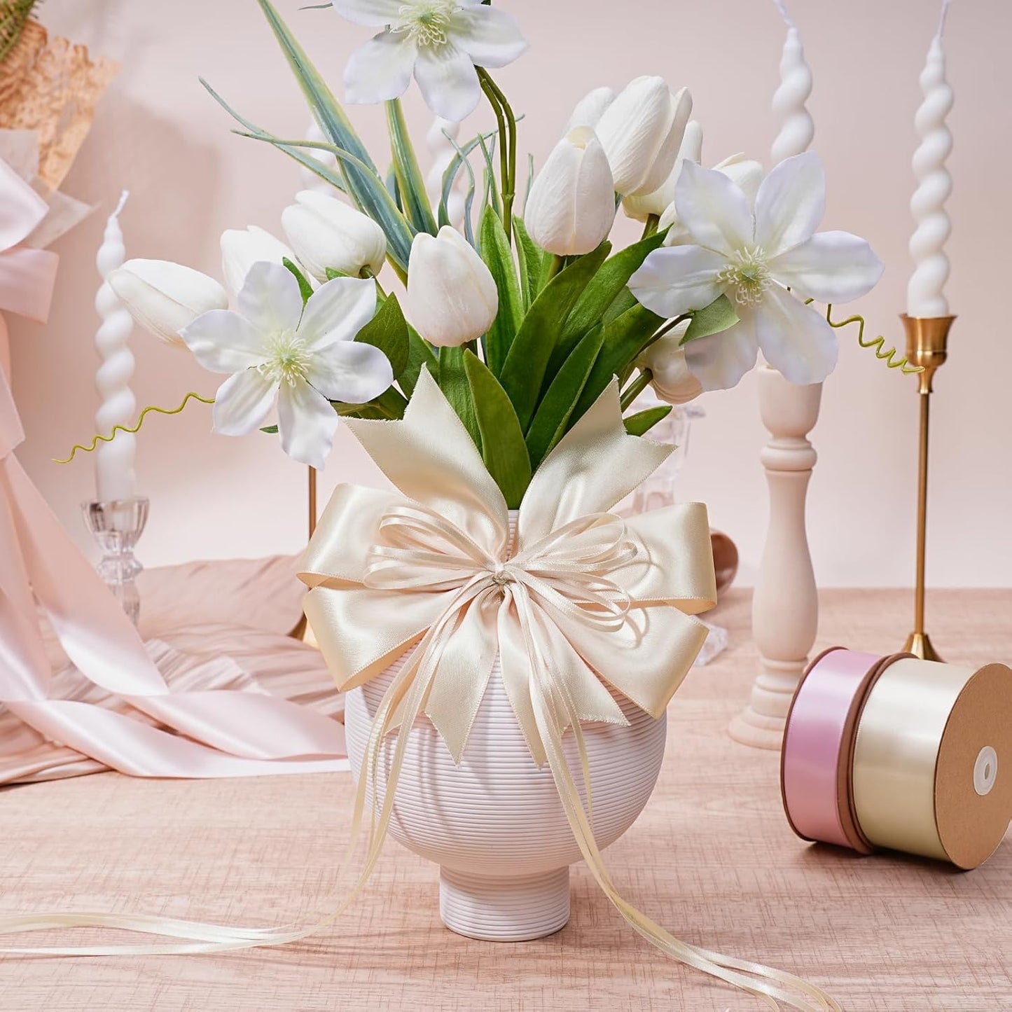 LaRibbons Nude Satin Ribbon 1/8 Inch 100 Yards Thin Luxury Double Faced Ivory Silk Ribbon for Flower Bouquet Crafts Gift Wrapping Wedding Bow Christmas Decoration