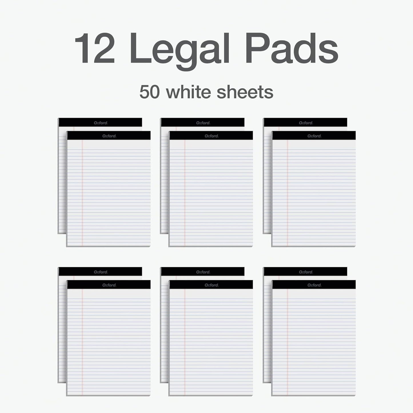 Oxford 8.5 x 11.75 Legal Pads, 12 Pack, Wide Ruled, White Paper, 50 Sheets Per Writing Pad, Made in the USA (74030)