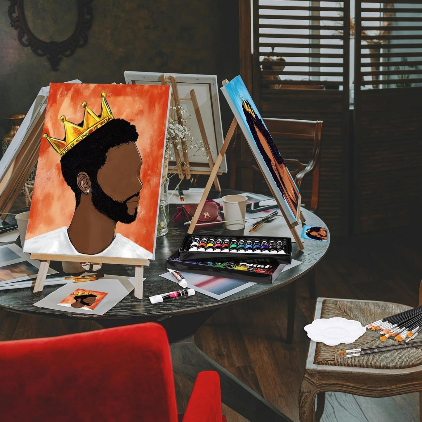 Cholemy 36 Pcs Paint and Sip Kit for Adults 8''x10'' Pre Drawn Canvas for Painting DIY Afro Acrylic Painting Kit Wood Easel Brushes Date Night Bulk for Christmas Party Gifts(Couple)