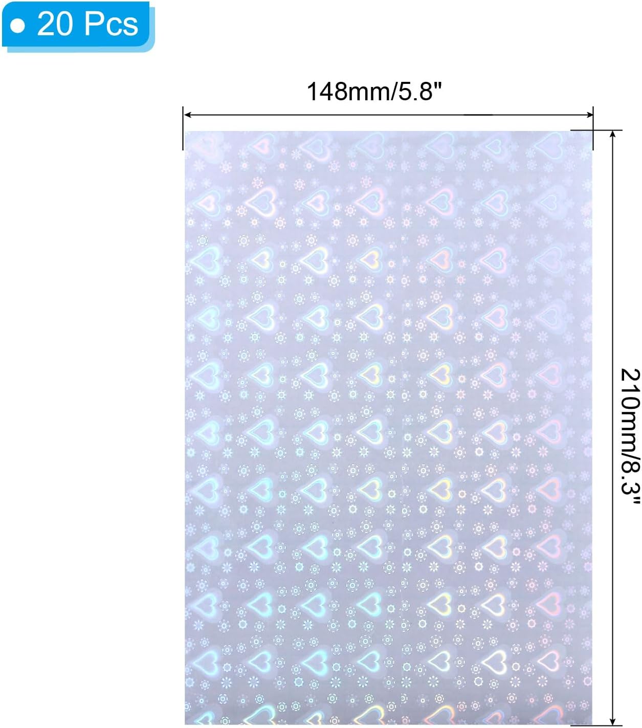 PATIKIL 8.3x5.8" Holographic Sticker Paper, 20Sheets A5 Polypropylene Self-Adhesive Transparent Waterproof Laminate Overlay Film for Photo Cards Scrapbook Decorations, Heart