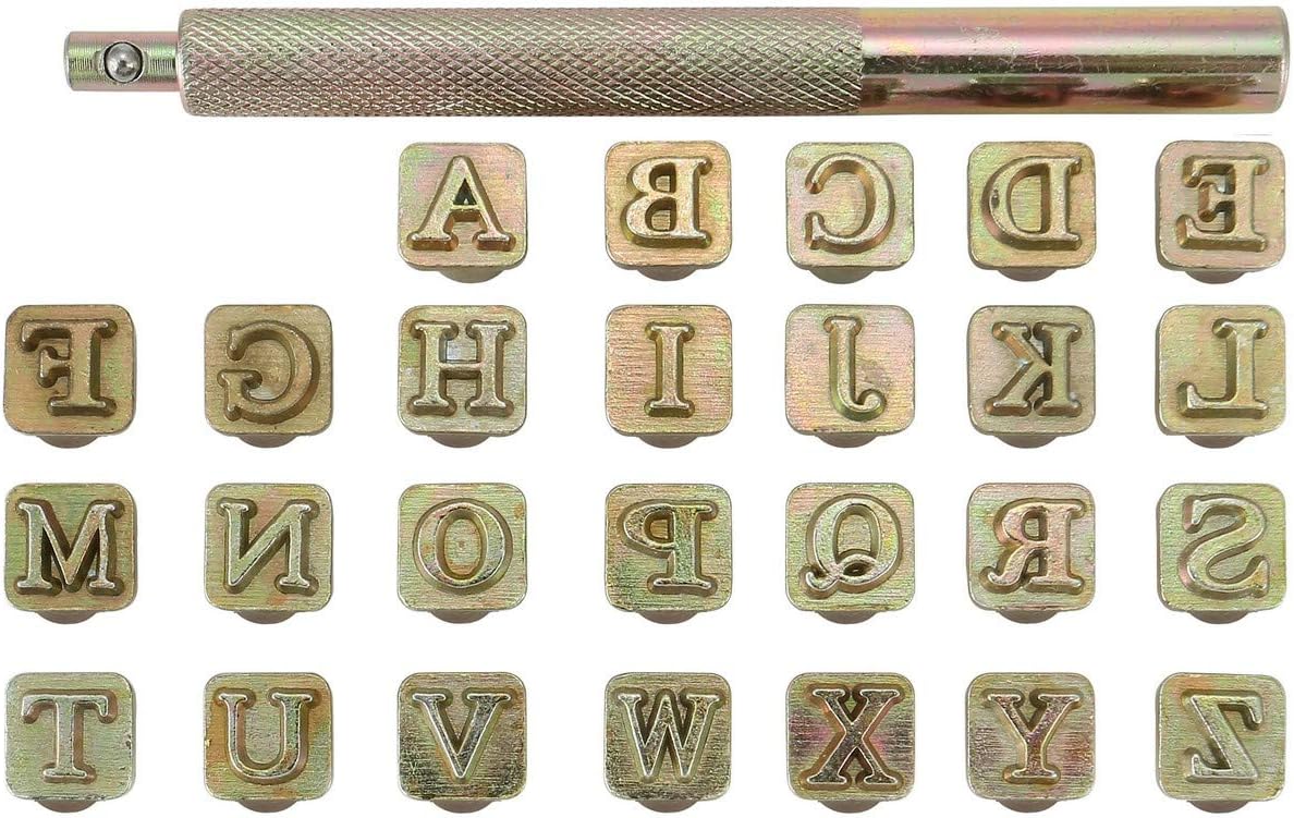 Yoption 27 Pieces Leathercarft Stamping Tool Set, 26 Letters Alphabet Stamps Steel Punch Tool 6mm+1 Stamping Handle for Leather Craft