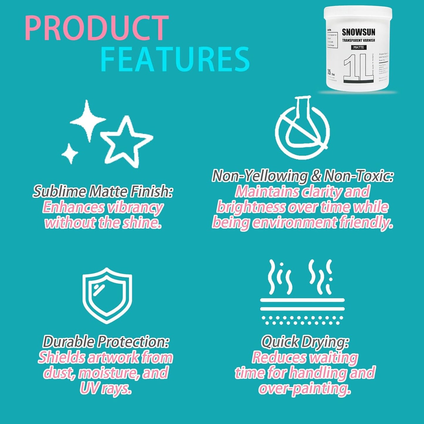 SNOWSUN Matte Varnish for Acrylic Painting, 1L Professional Acrylic Artist's Varnish, Matte Finish, Non-Yellowing, Non-Toxic, Suitable for Artists, Hobby Painters & Kids