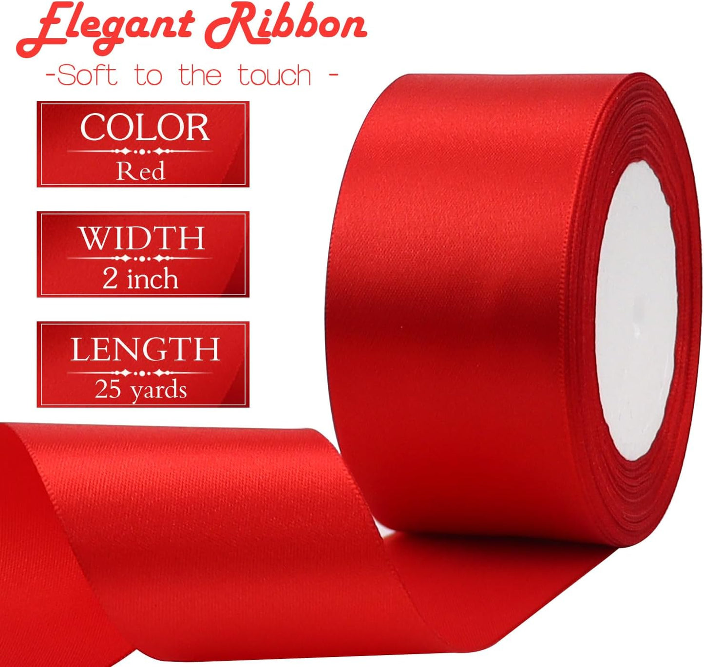 Red Solid Satin Ribbon 2 Inch 25 Yards Solid Polyester Fabric Ribbon for Gift Wrapping Wedding Christmas Baby Shower Birthday Party Decoration Handmade Immortal Flower Craft