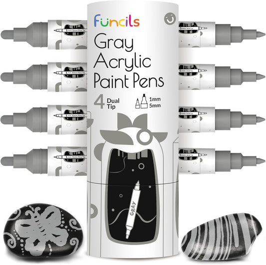 4 Dual Tip Gray Paint Pen Metallic - Fine Tip & Medium Acrylic Paint Markers - Gray Marker for Metal, Wood, Rock Painting, Canvas, Ceramic, Glass, Fabric, Leaf and Plastic - Water-based Ink