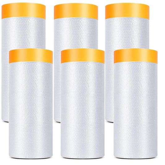Painters Plastic With Tape, Pre-Taped Masking Film, 6 Rolls Automotive Best Tape and Drape, Paint Adhesive Protective Film Roll for Covering Skirting, Frames, Cars and Auto Body (5 X 65-Feet) (6)