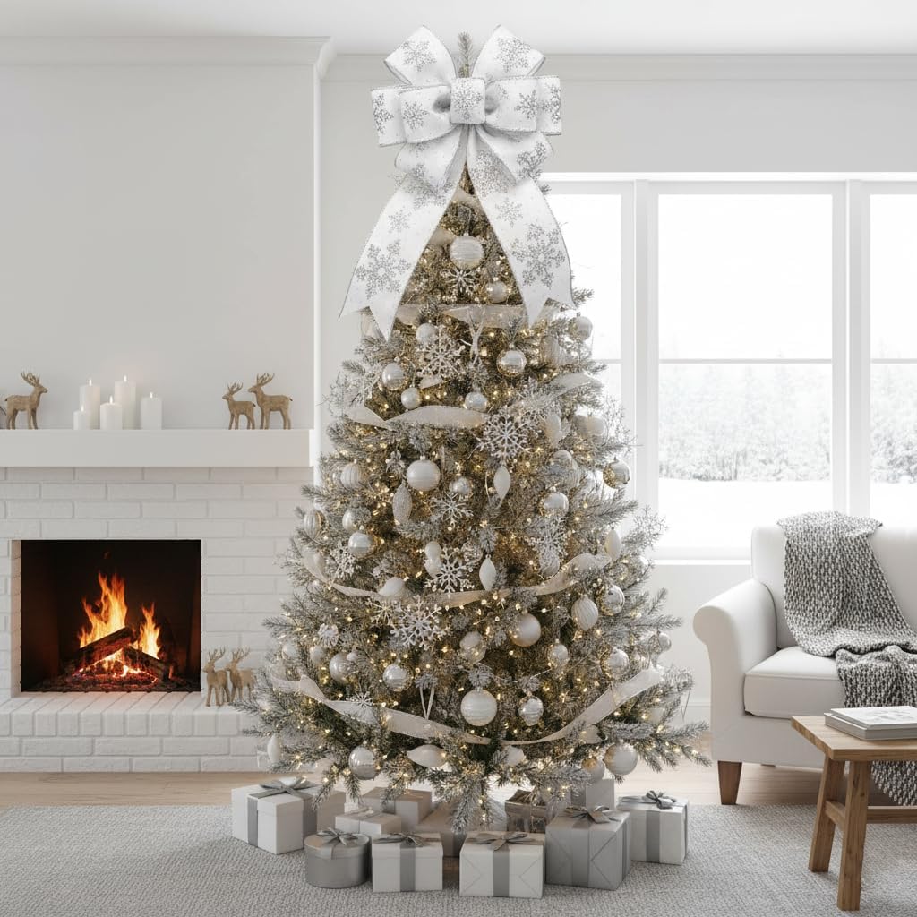 CT CRAFT LLC White Satin with Silver Snowflake Wired Ribbon 2.5 Inch x 10 Yards for Christmas Home Decor Tree Topper Bow Gift Wrapping DIY Crafts Wreath Garland