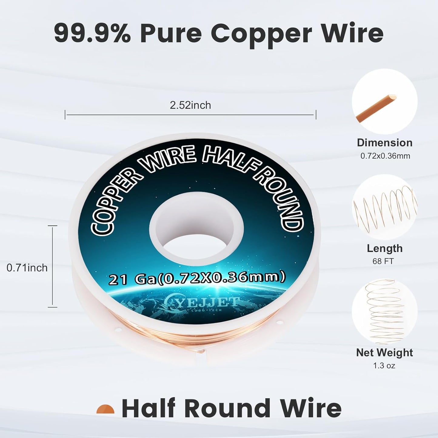 21 Gauge Pure Copper Wire Half Round 0.72x0.36mm - 1.3 oz (68 Feet) Medium Gauge Wire for Jewelry Clasps & Beadwork