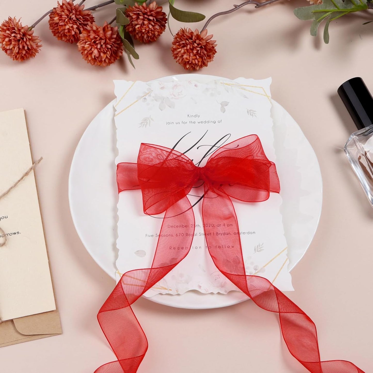 Ribbon for Gift Wrapping 3/4 inch Red Sheer Organza Ribbon for Flower Bouquet Tulle Thin Chiffon Ribbons for Wedding Invitations Christmas Halloween Presents Decorations Crafts 50 Yards