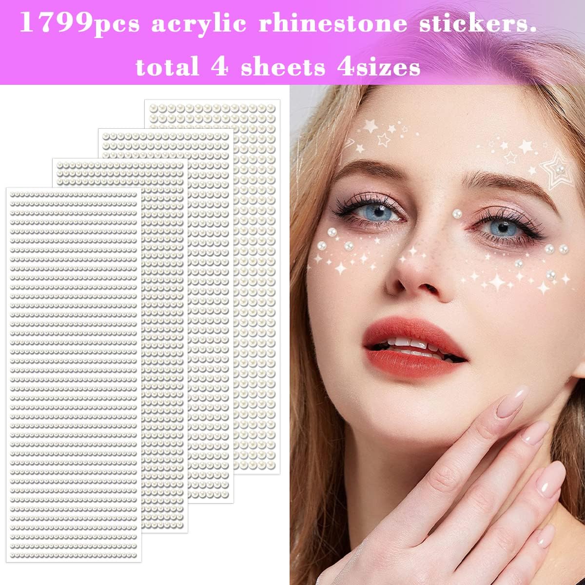 1799pcs Self Adhesive Face Pearl Gems Stickers, Hair Gems Rhinestones Stickers, Bling Jewels for Makeup, Crafts, Home Decor Scrapbooking Embellishments, 4 Sizes 3mm/4mm/5mm/6mm(Beige Pearl)