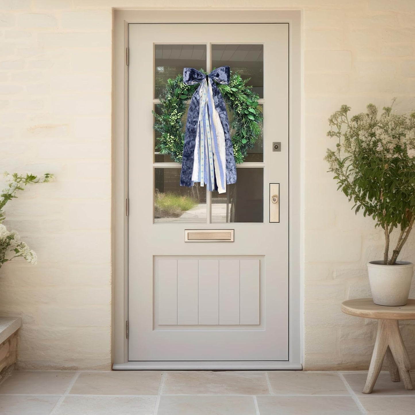 Large Blue Velvet Ribbon Bow for Wreath, Vintage Solid Fabric Ribbons Set Assorted Lace Ribbons Blue White Clip-On Wreath Sash Ribbon Bundle for Winter Christmas Home Indoor Outdoor Decor