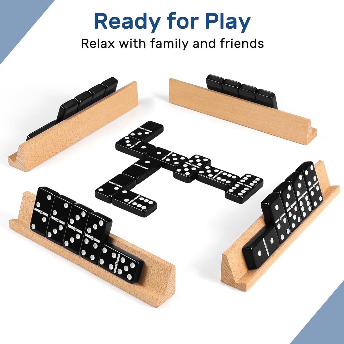 Dominoes Set for Adults with 4 Wooden Racks/Trays, Double Six Dominoes Travel Set with Portable Case Double 6 Dominoes Set with 4 Tiles Holders, 28 Tiles Dominos Set for Family Board Games - Black