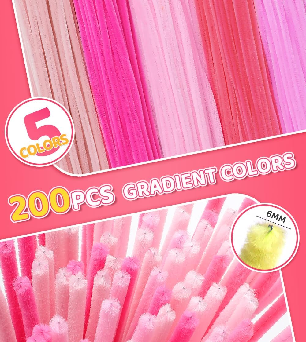 IOOLEEM Pink Pipe Cleaners,200pcs in 5 Colors, Chenille Stems for Art and Craft Projects, Flower DIY Decorations
