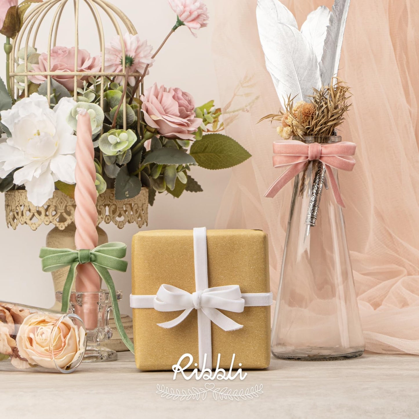 Ribbli Rose Gold Velvet Ribbon 3/8 Inches Continuous10 Yard Spool Dusty Pink Christmas Ribbon for Gift Wrapping Crafts Home Decor