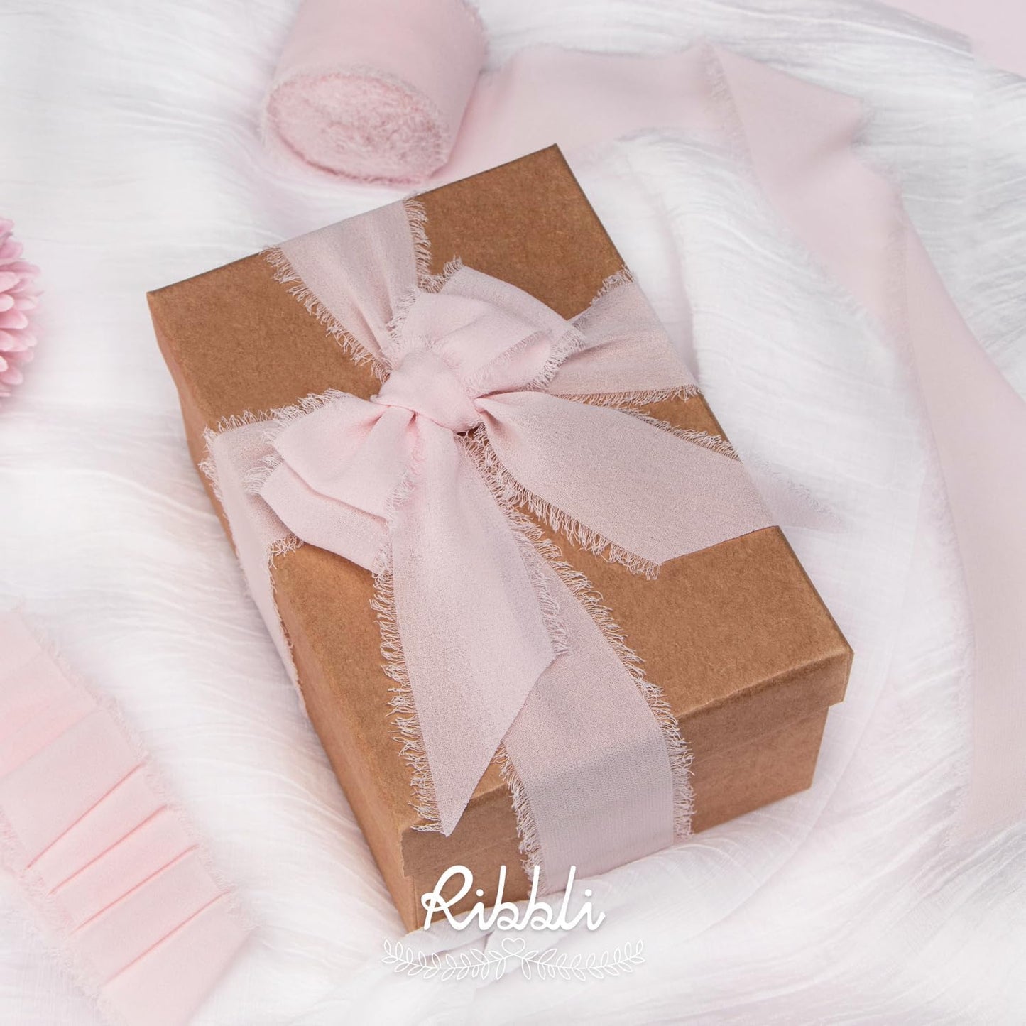 Ribbli Pale Blush Pink Chiffon Ribbon 1-1/2 inch x 20 Yard Handmade Fringe Chiffon Silk Ribbon, Pale Blush Ribbon for Wrapping, Wedding Invitations, Bridal Bouquets, Home Decor