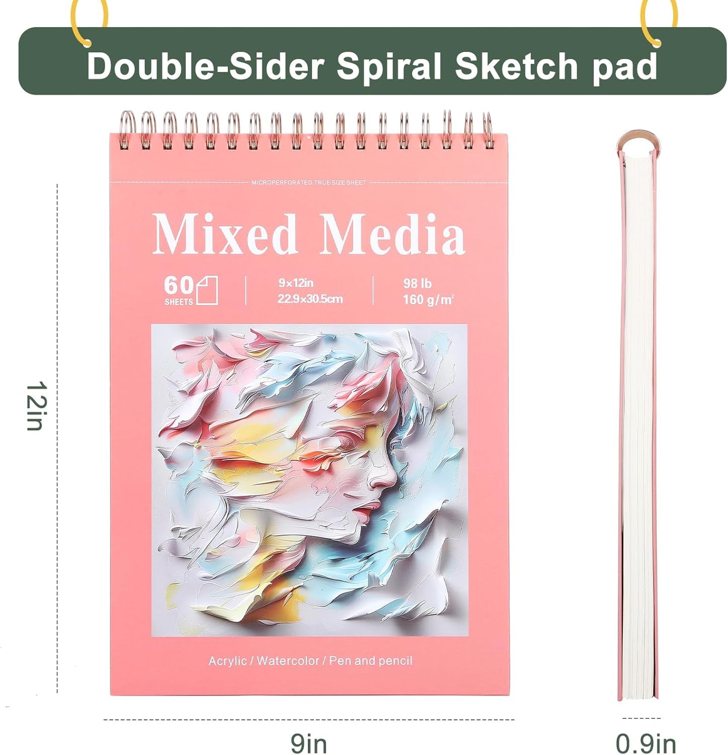 Ddaowanx Mixed Media Sketchbook, 9x12 inches Sketch Pad 60 Sheets (98lb/160gsm) Heavyweight Drawing Papers, Top Spiral Bound Hardcover Watercolor Paper, for Wet and Dry Media (1)