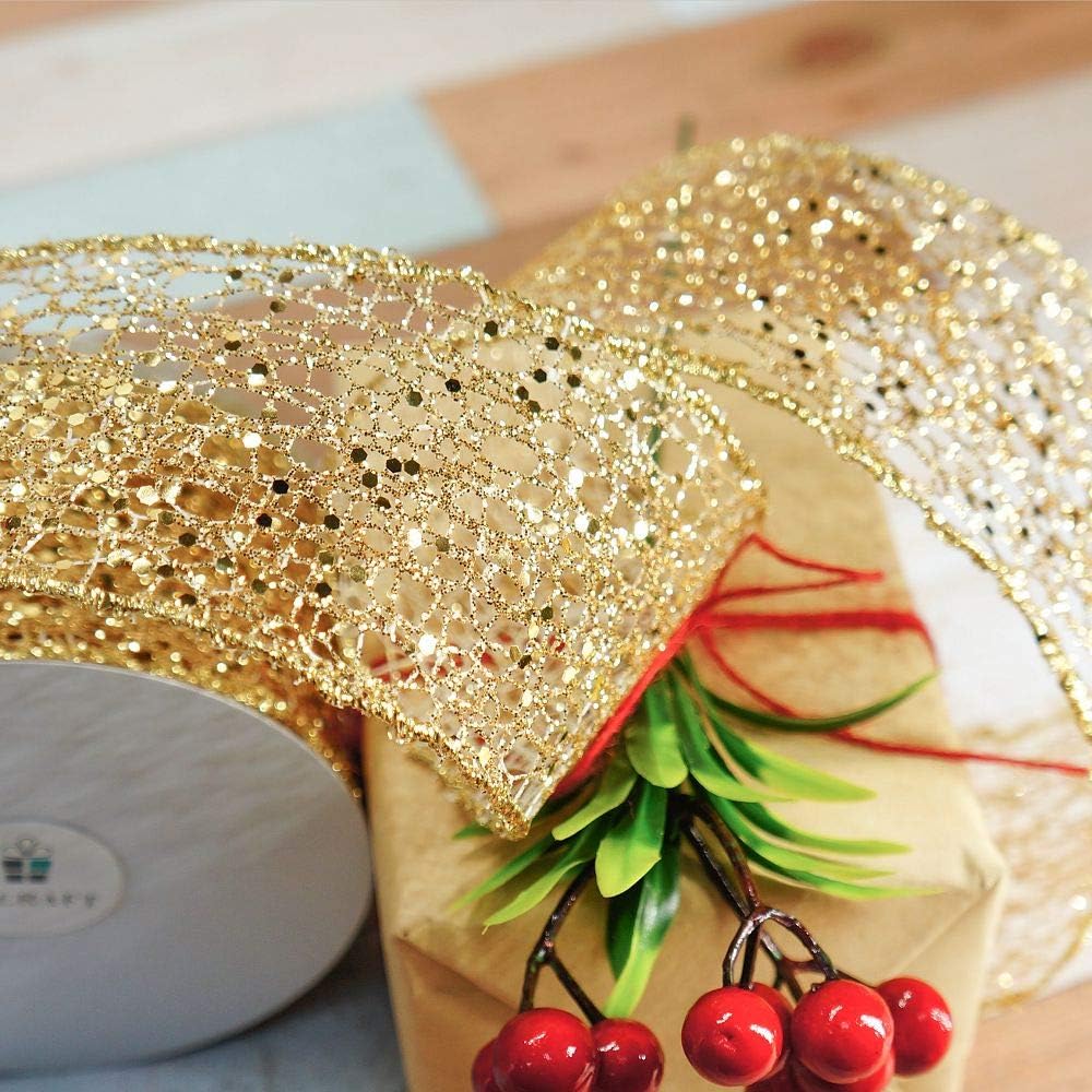 CT CRAFT LLC Sparkling Glitter Mesh Wired Ribbon 2.5" x 10 Yards Gold for Christmas Home Decor Bow Gift Wrapping DIY Crafts Wreath