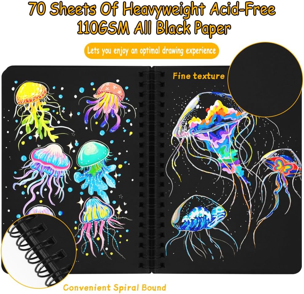 5x7in Black Paper Mixed Media Sketchbook, 110gsm Spiral Bound Art Journal Sketchbook, 70Sheets Acid-Free Travel Pocket Sketch Pad for Drawing, Illustration, Ideal for Most Dry Media