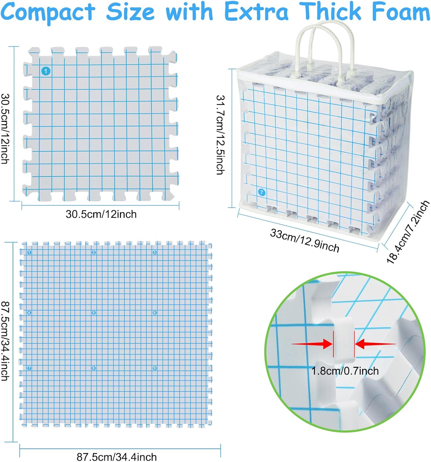 MEVOME Blocking Mats for Knitting with 20pcs Knitting Blockers 200 T-pins 104 Locking Stitch Markers, Extra Thick Block Boards with Grids Storage Bag for Needlepoint Crochet - Pack of 9 (White)