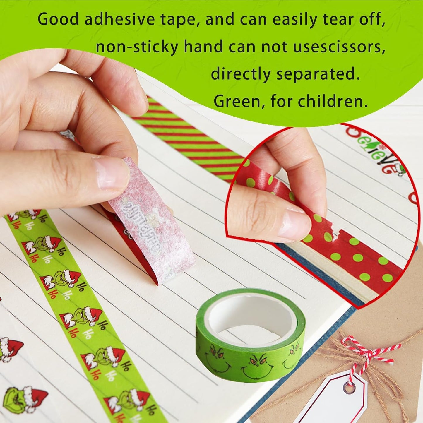 Christmas Washi Tape Set - 12 Rolls with Funny Cartoon Character Design in Green and Red for Festive Crafting and Gift Wrapping - 196.85ft Total Length