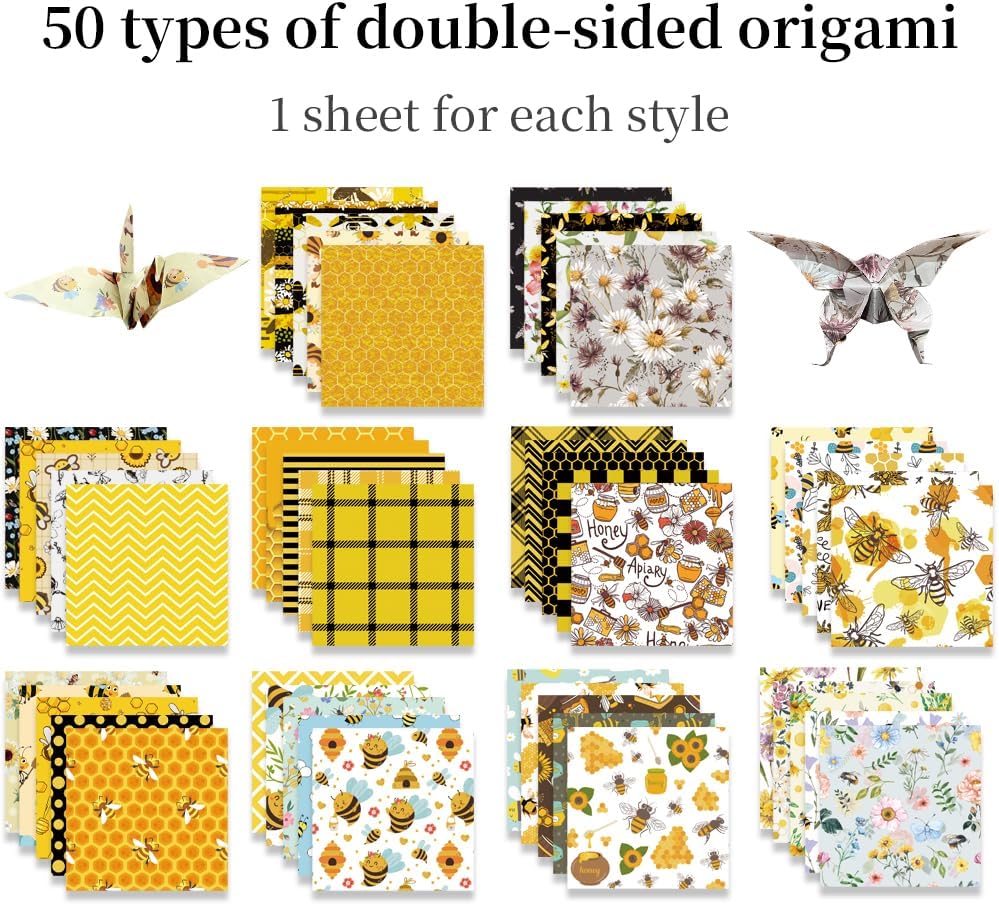Square Origami Paper 6x6 Double Sided 50 Sheets 50 Colors 70GSM Origami Kit Japanese Chiyo Easy Fold Arts Crafts DIY Handwork Beginner Bee