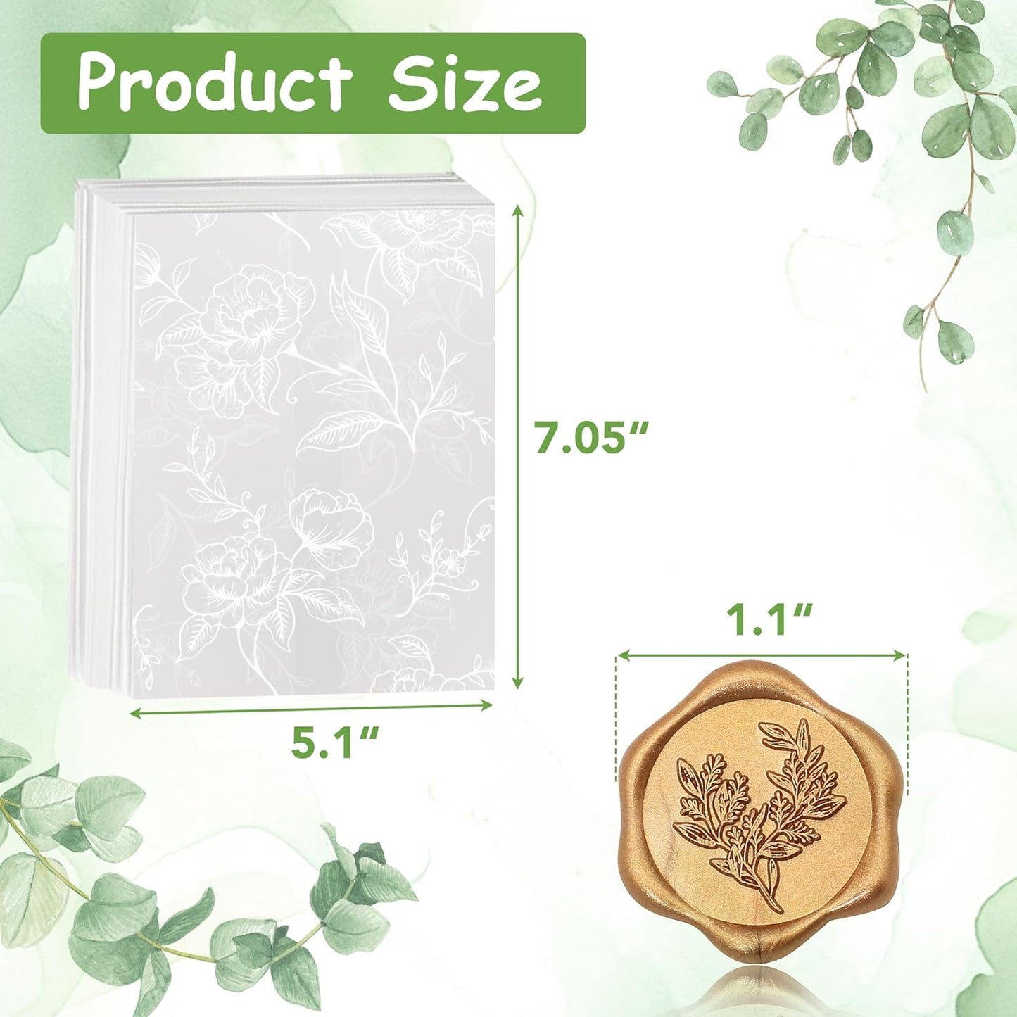 SWANGSA 100 Sets Wedding Invitations Wraps, Vellum Jackets for 5x7 Invitations & Self Adhesive Antique Gold Eucalyptus Wax Seal Stickers for Wedding Bridal Baby Shower Birthday Envelopes (White Rose)