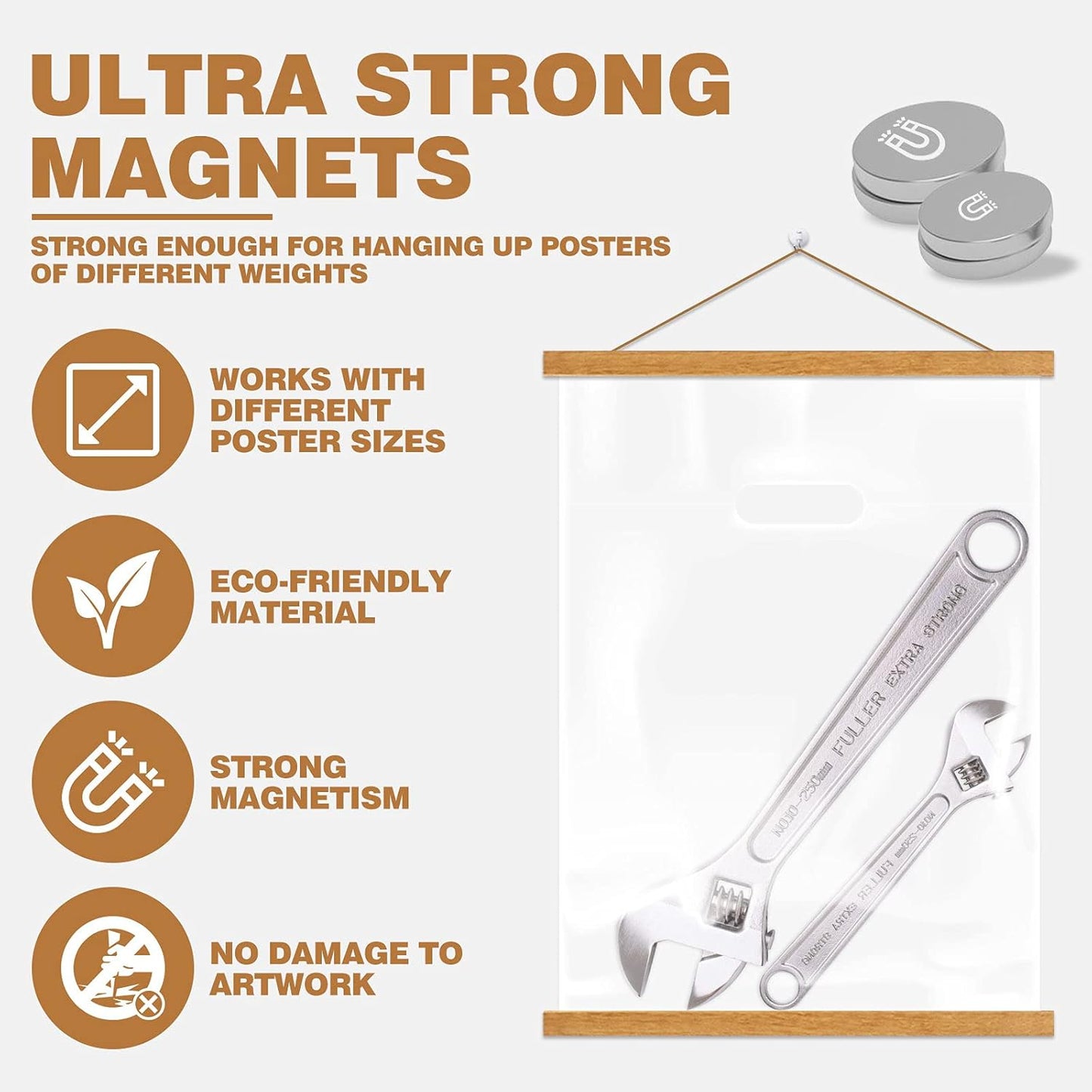 Ywlake Magnetic Poster Hanger, 19x27 19x13 19x25 Poster Frame Wood Wooden Magnet Print Posters Dowel Scroll Hanger Hangers Hanging Kit for Walls Map Canvas Artwork (Teak Wood, 19")