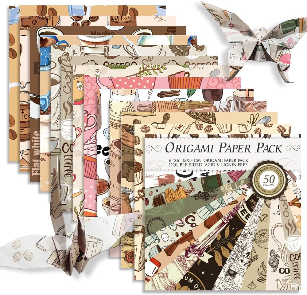 Square Origami Paper 6x6 Double Sided 50 Sheets 50 Colors 70GSM Origami Kit Japanese Chiyo Easy Fold Arts Crafts DIY Handwork Beginner Coffee