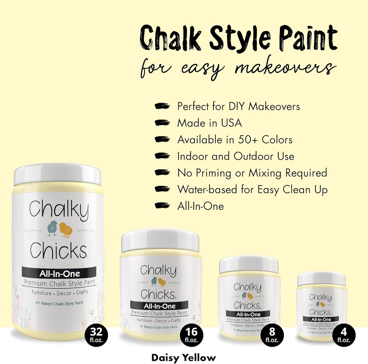 Chalky Chicks All-in-One Chalk Paint for Furniture or Cabinet - 8 Fl Oz - Matte Finish Daisy (Light Yellow) for Metal, Wood Furniture Paint - No Sanding All-in-One for Home Decor & Crafts, USA Made