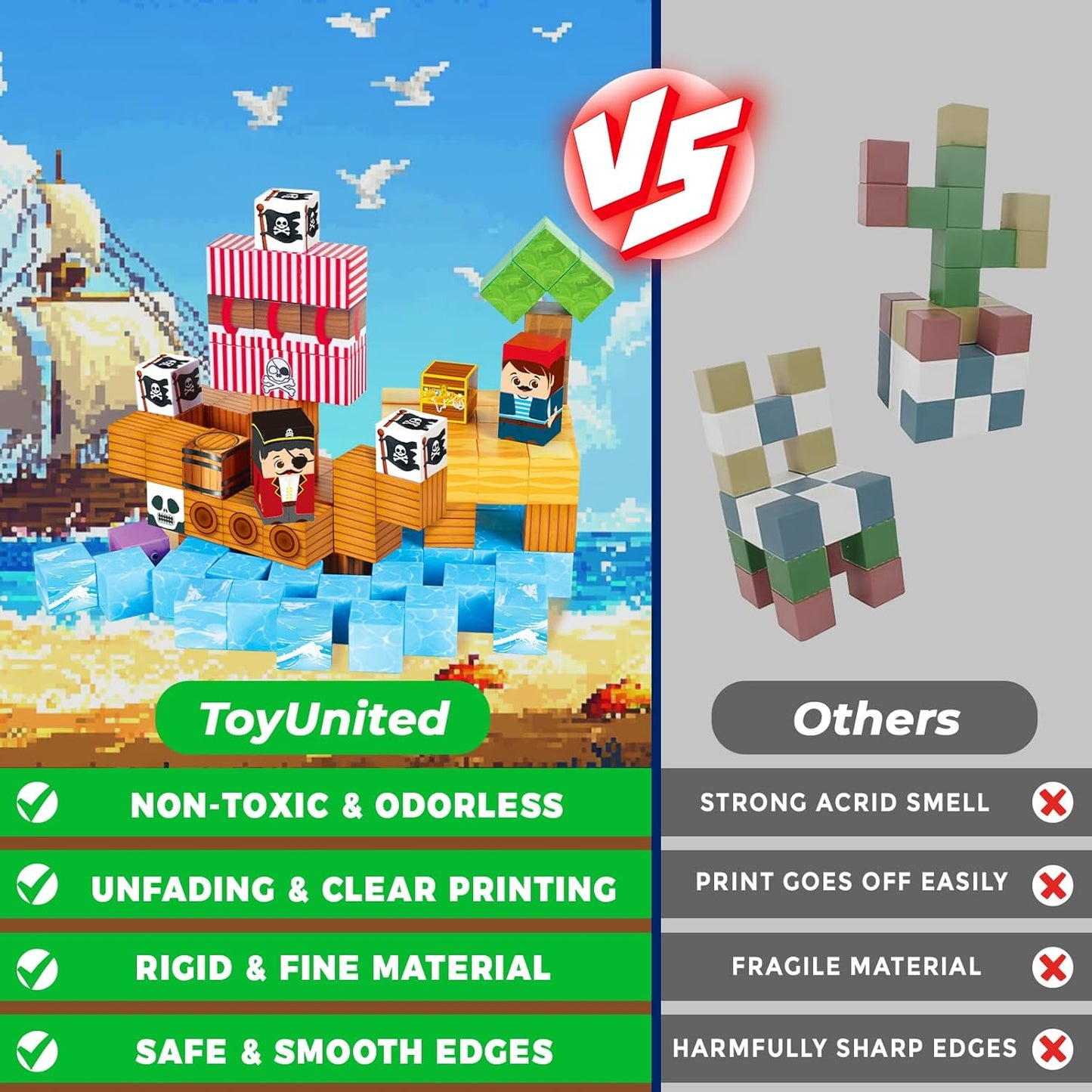 Magnetic Blocks - 100PCS Build Pirate-Ship World Set - Magnetic Building Cube Stacking, STEM Montessori Sensory Toys for Kids Boys Girls Ages 3 4 5 6 7 8 9 10 Easter Birthday Gifts