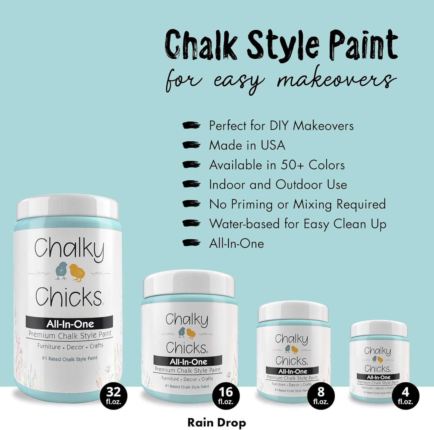 Chalky Chicks All-in-One Chalk Paint for Furniture or Cabinet - 8 Fl Oz - Matte Finish Rain Drop (Light Blue) for Metal, Wood Furniture Paint - No Sanding All-in-One for Home Decor & Crafts, USA Made