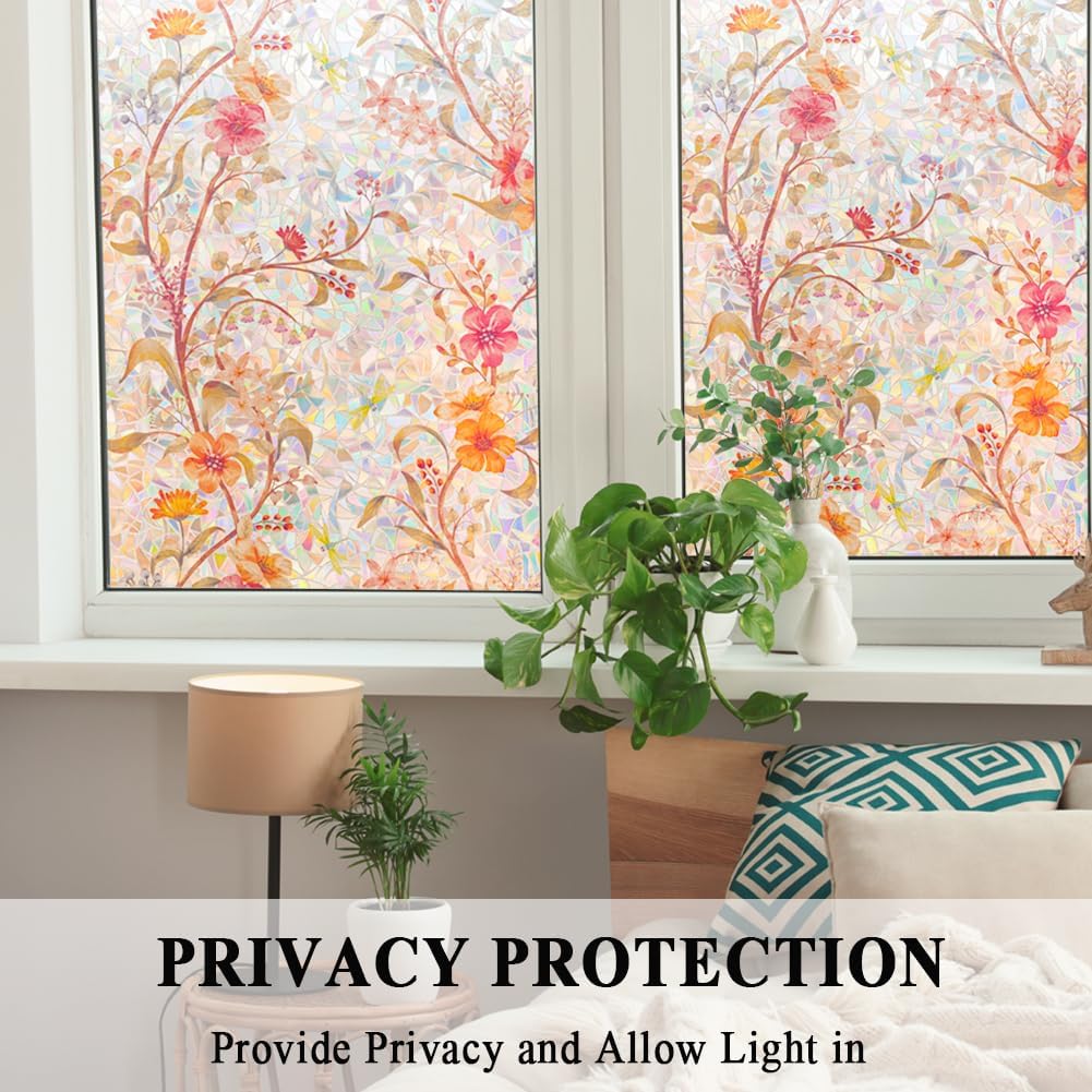 Stained Glass Window Film Static Cling Door Privacy Film Decorative Flowers Red Leaves Window Decals Stickers Heat Control Anti UV for Home and Office,17.5 inches by 78.7 inches