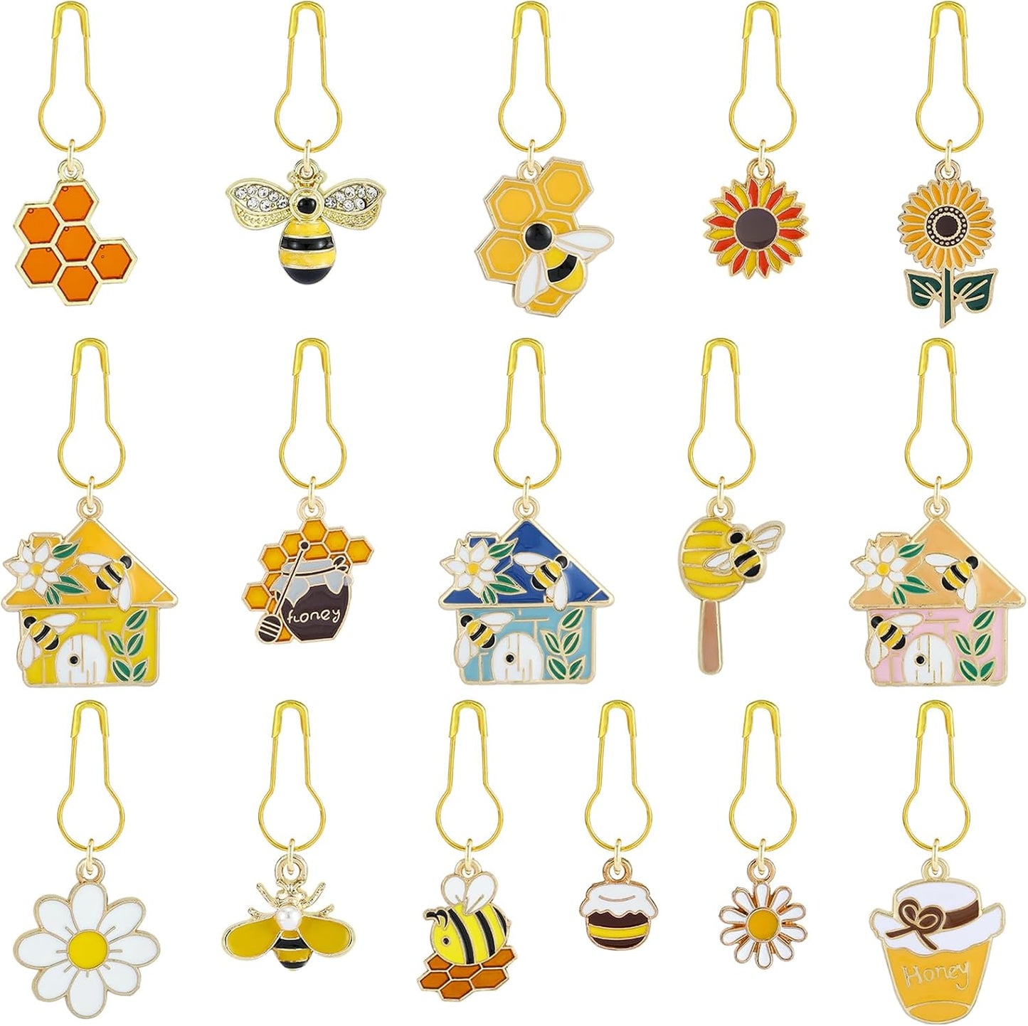 BEEFLYING 16Pcs Bee Honeycomb Stitch Marker Charms, Alloy Enamel Knitting Stitch Marker Charm Pendant for Sewing Crocheting Accessories