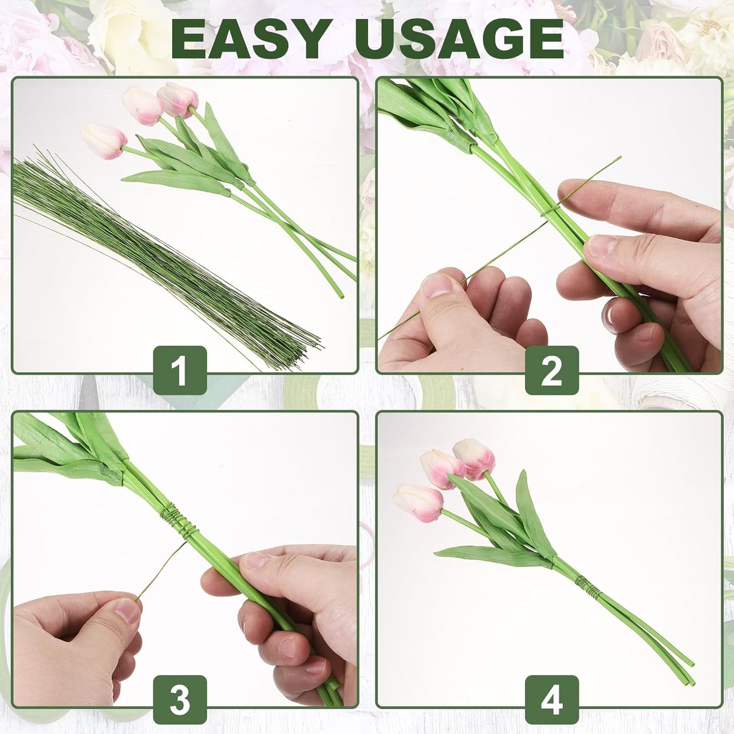 PATIKIL 32 Inch 22 Gauge Floral Stem Wire, 5 Pack/200 Pieces Bouquet Stem Paper Wrapped for DIY Crafts Flower Arrangements, Silver Tone