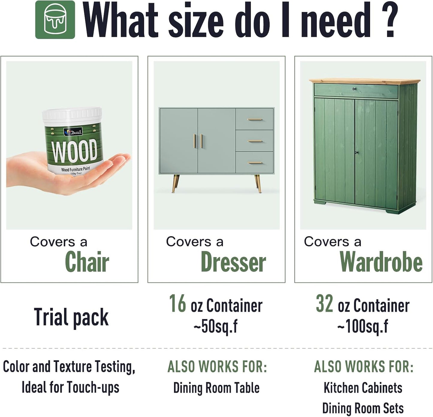 DWIL Matte Finish Furniture Paint - 5 Oz Wood Paint for Cabinets, Doors, Tables, and Dressers Refinishing - Water-Based, Non-Toxic & Odorless, Easy to Apply(Cardamom Green)-Trial Pack