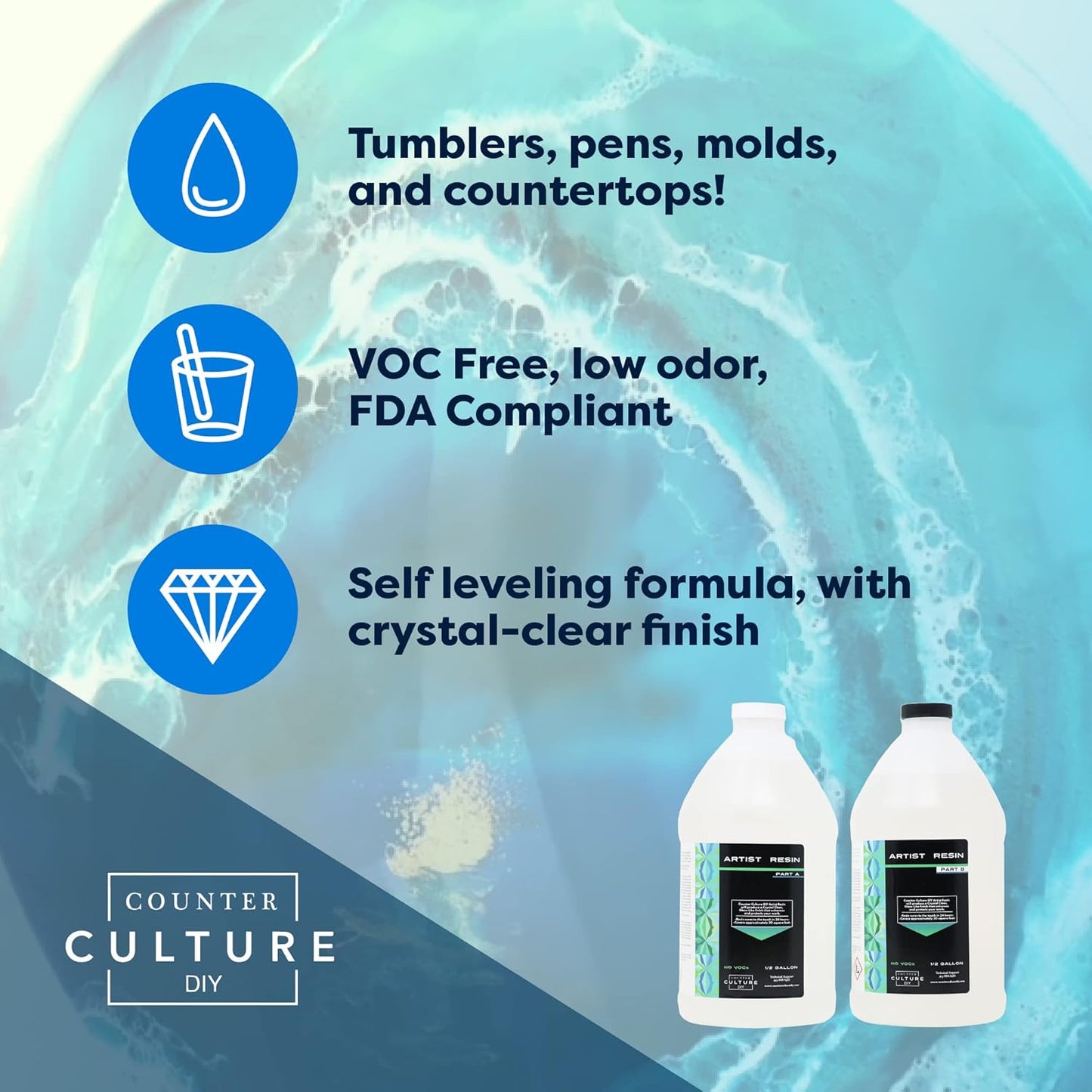 Counter Culture DIY Clear Artist Resin, 1 Gallon Kit, Art Epoxy Supplies for Metallic Stains Acrylic 100% Solids Easy Coat No VOCs Scratch UV Heat Resistant to 500 Degrees