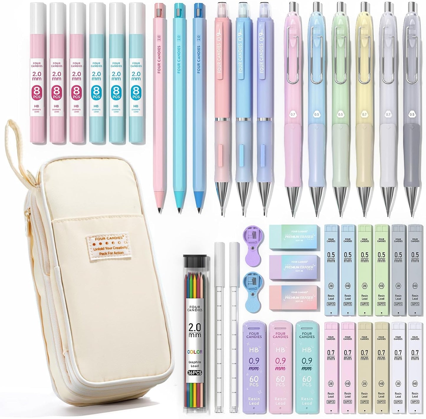 Four Candies 42PCS Aesthetic School Supplies, Mechanical Pencil Set 0.5mm, 0.7mm, 0.9mm, 2.0mm with 696 Lead Refills, Pastel Mechanical Pencils for Writing, Drawing & Drafting (Cream)