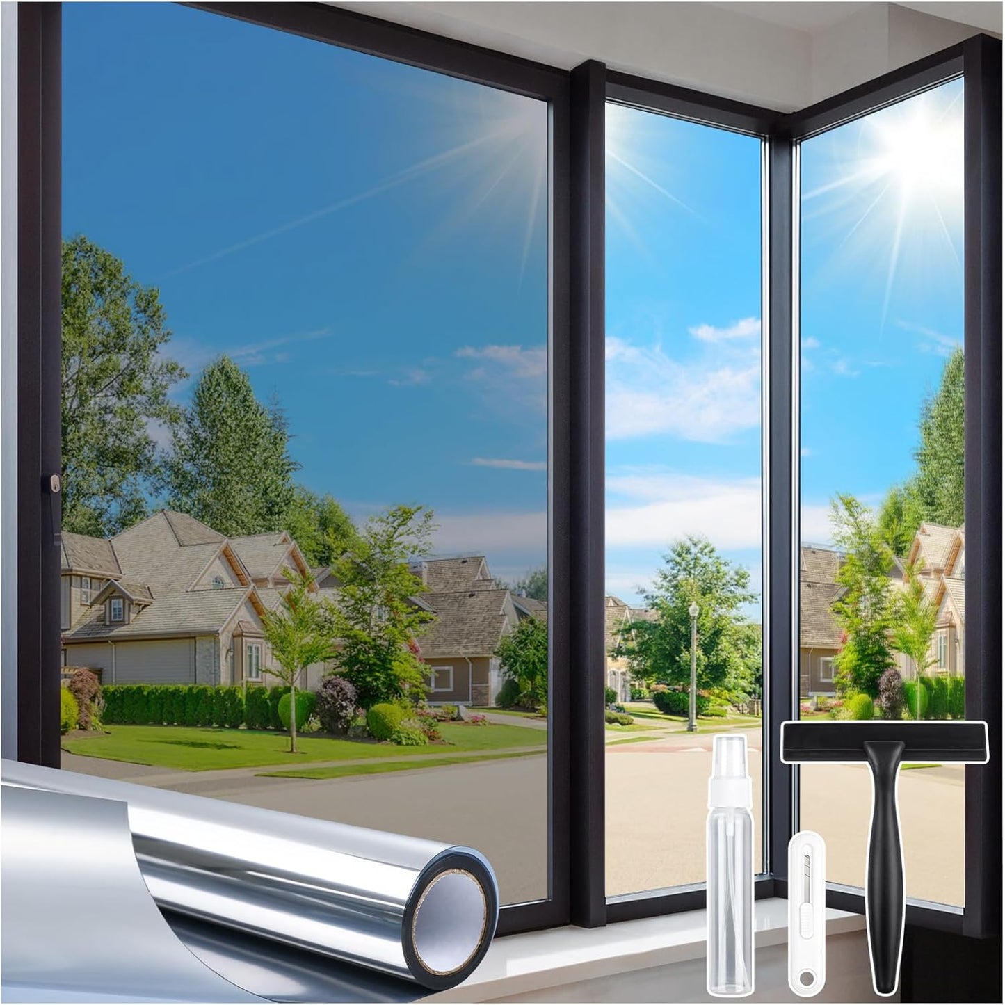 Homein One Way Privacy Window Film with Tool Window Tint for Home Film See Out Not in Heat Control Sun Blocking Mirror Reflective Anti UV Covering Static Cling No Glue Sliver 23.6 x 78.7 inch